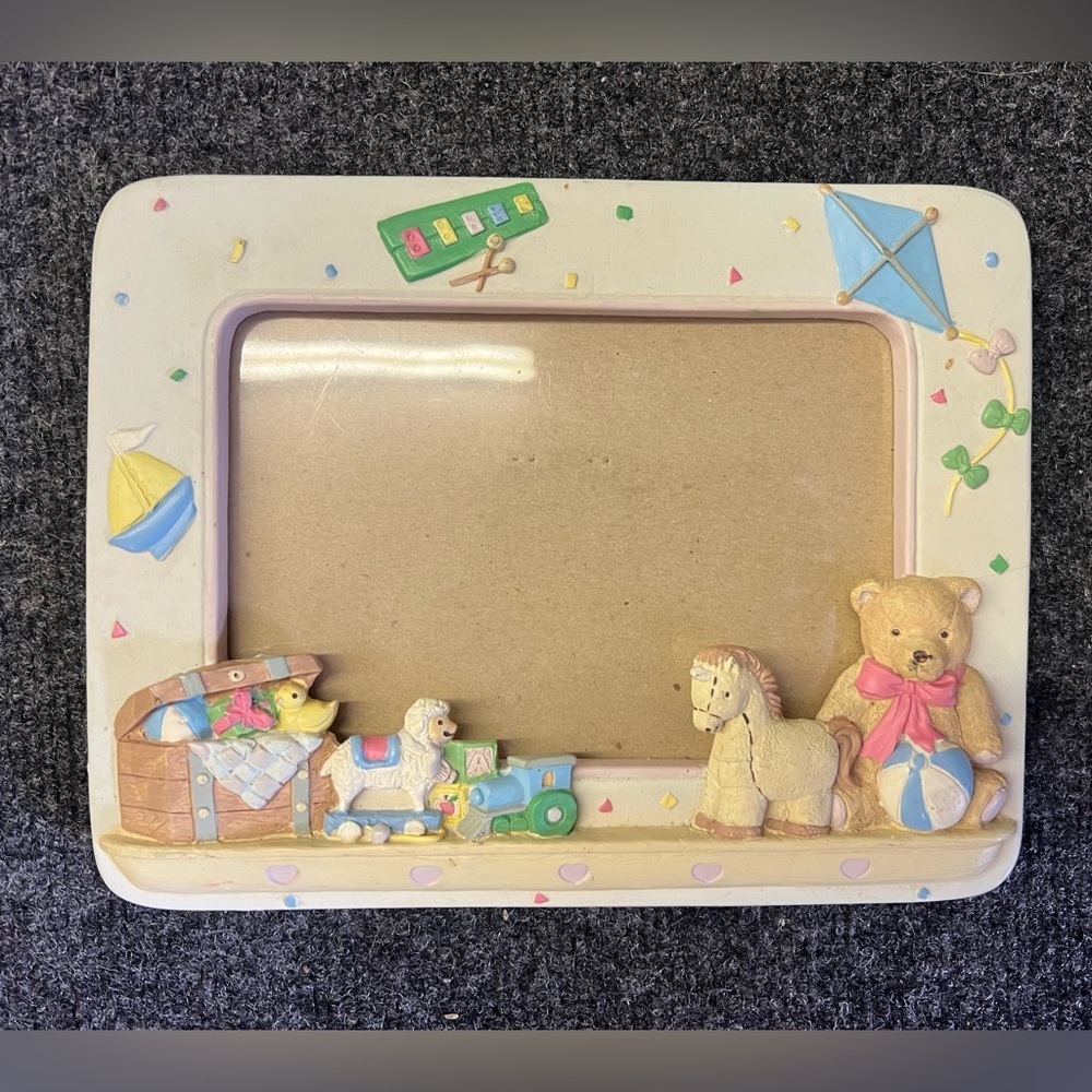 Kids Toys Picture Frame Holds 5x7 porcelain with Bear and Horse Cream 90s